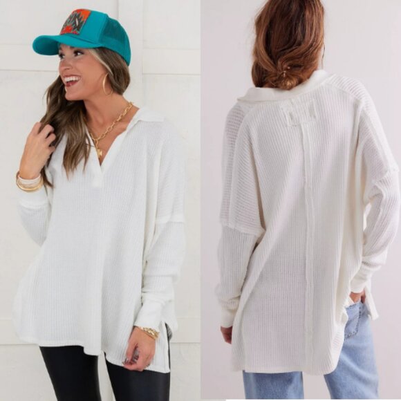 Free People We The Free Travis Polo Top Small Ivory 26781 - Picture 2 of 11